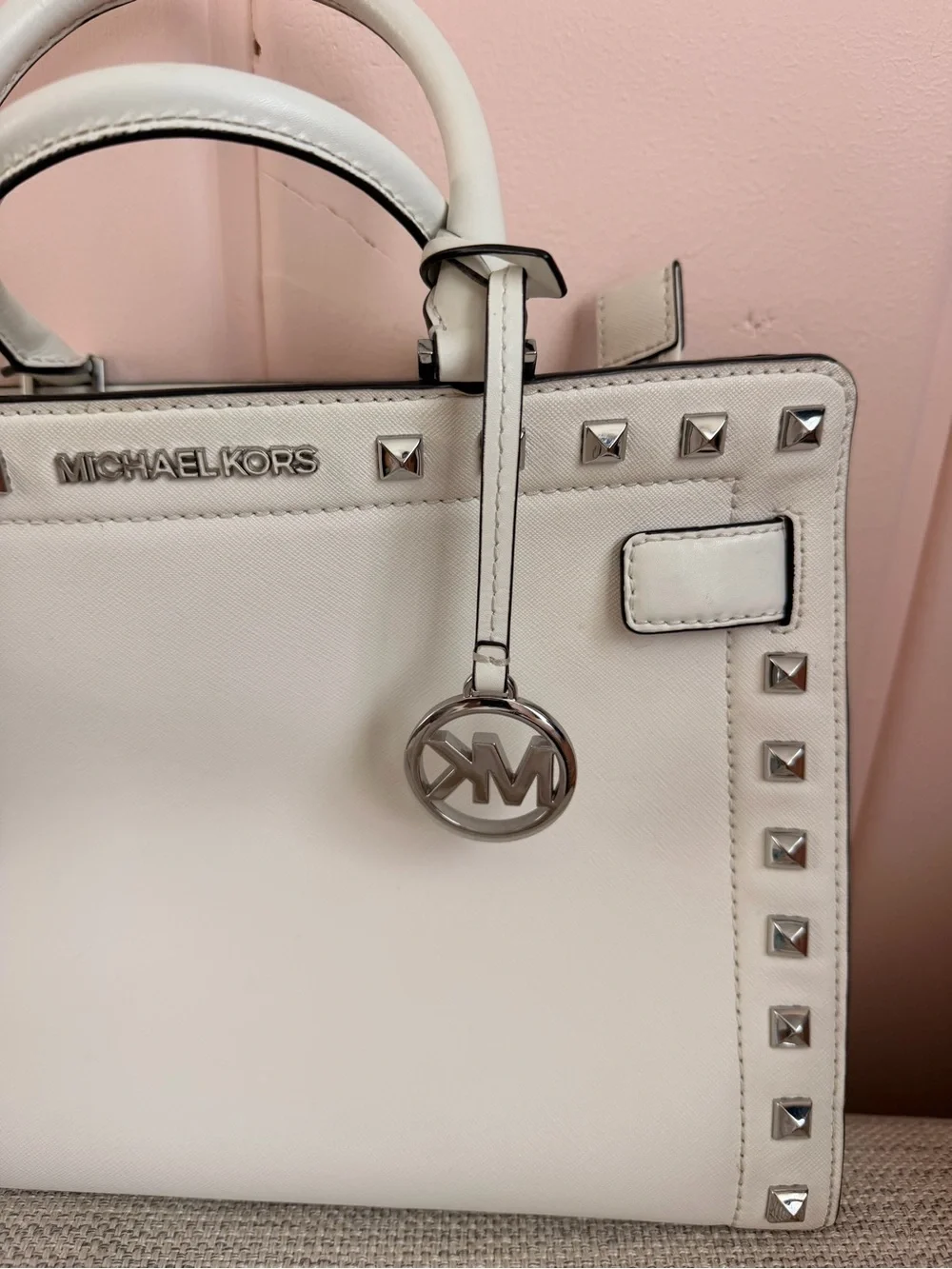 Michael Kors Rayne SatchelOptic White Saffiano Leather Satchel with Silver Studs